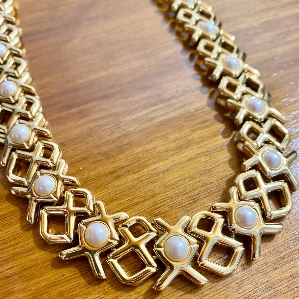 Vintage Monet Gold & Pearl XOX Statement Chocker Necklace and Bracelet Set